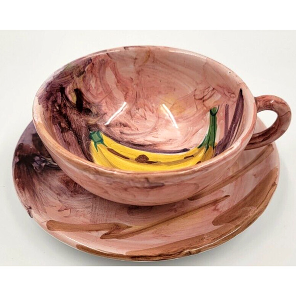 Peasant Village Pottery Hand Painted Cups and Saucers Floral Banana Vintage - Picture 3 of 9